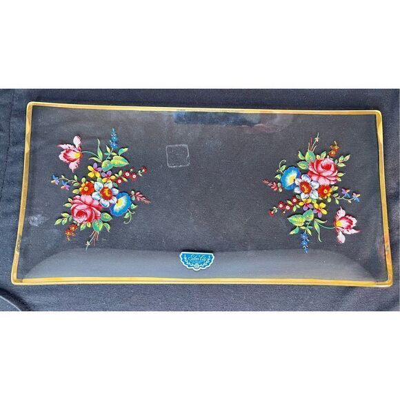 Vintage Silver City Glass NOS Floral Hand Painted Serving Tray Beautiful - Picture 1 of 7